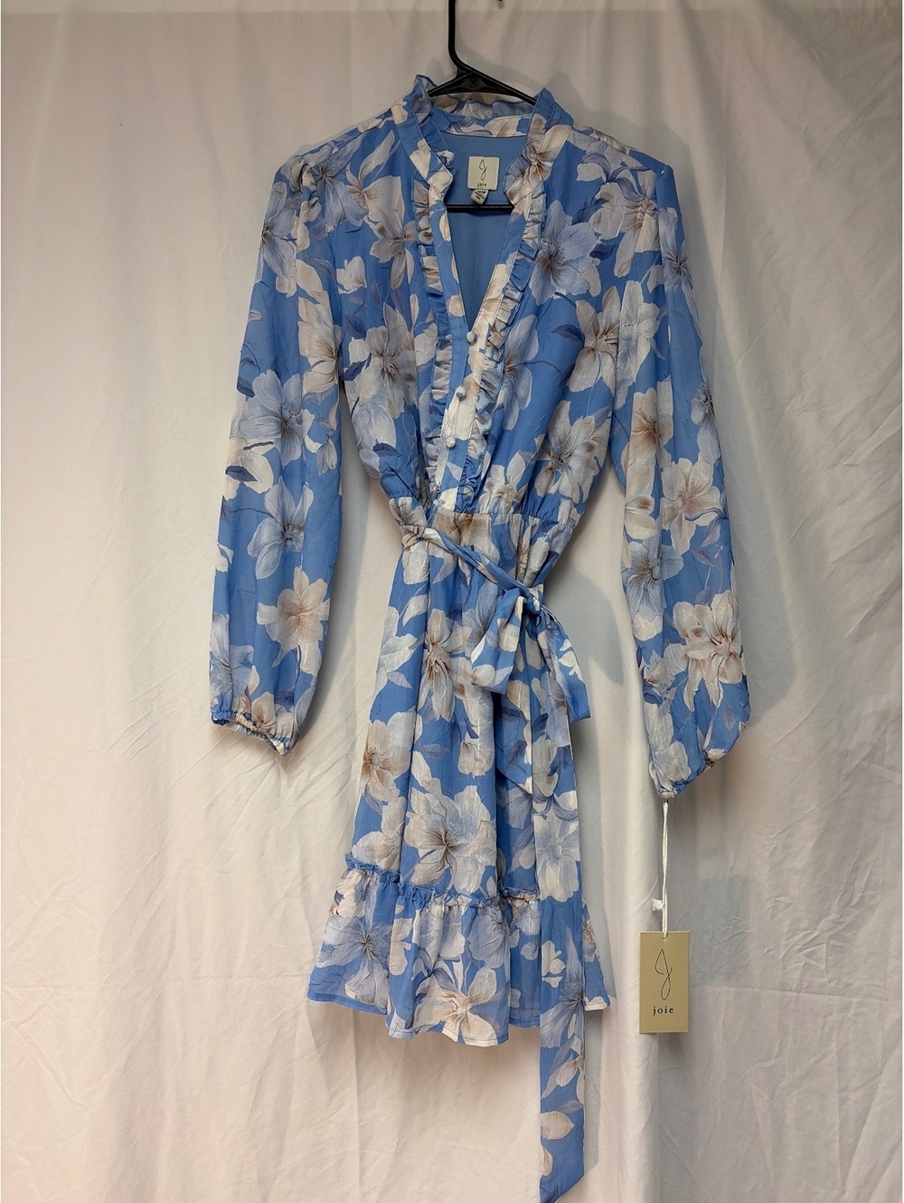 NWT Joie Blue Floral Wrap Dress with Ruffle Detail, Size M